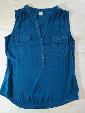 Old Navy Teal Rayon Tank Top S Sleeveless Button Front V Neck Blouse